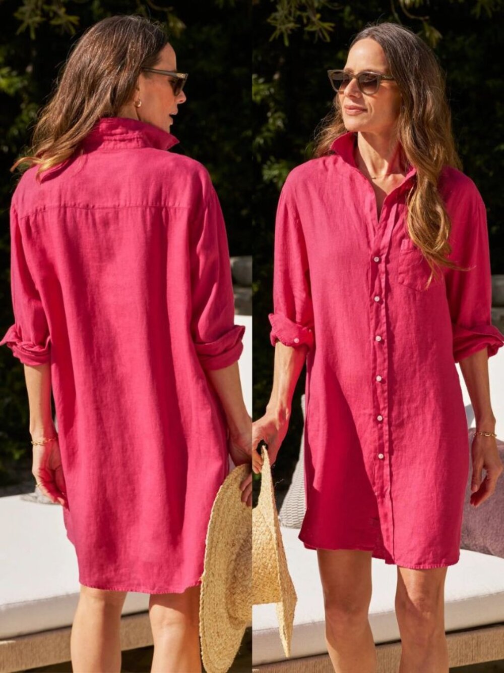 Frank & Eileen Mary Mini Dress Hot Pink Washed Linen Classic Shirt Size M
